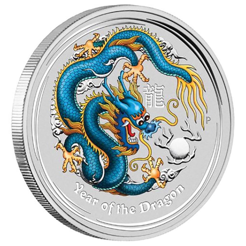 Moneda de plata 1$ Australia Lunar Dragón 2012. Color Azul.  - 1