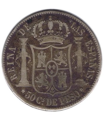 Moneda de Isabel II 50 Centavos de Peso 1868 Filipinas. Plata.  - 2