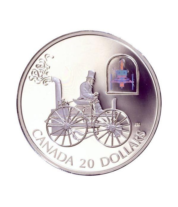 Moneda de plata 20 $ Canada 2000 Coche Vapor. Holograma.