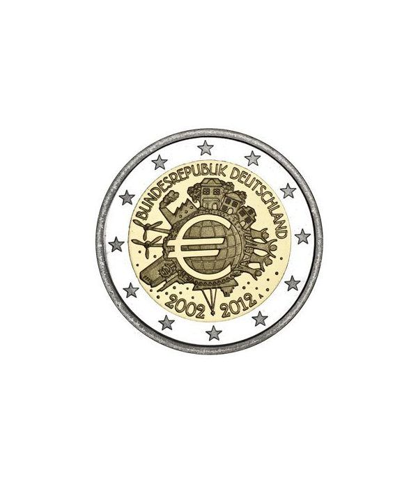 moneda Alemania 2 euros 2012 "X ANIVERSARIO DEL EURO".(5 cecas)  - 2