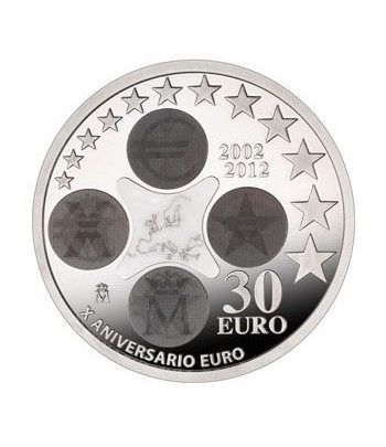 Moneda conmemorativa 30 euros 2012. Xº Aniv. Euro. Plata.