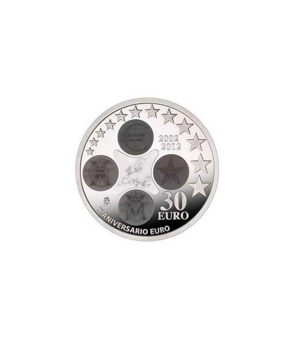 Moneda conmemorativa 30 euros 2012. Xº Aniv. Euro. Plata.