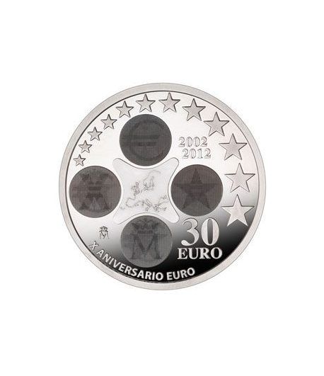 Moneda conmemorativa 30 euros 2012. Xº Aniv. Euro. Plata.